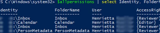 Find an assigned folder permissions in mailboxes using Get-MailboxFolderPermission 