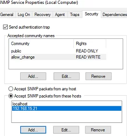 snmp community string and list of allowed hosts