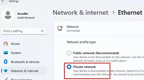 Change network profile on Windows to Private