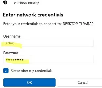 Enter user credentals to access shared folder