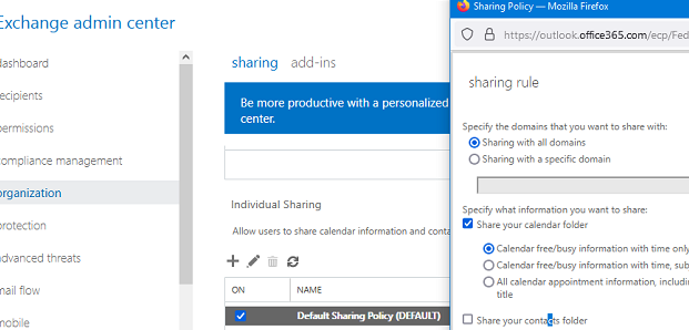 Exchange admin center - allow to share calendar outside the organization