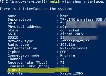netsh wlan show interfaces signal strength