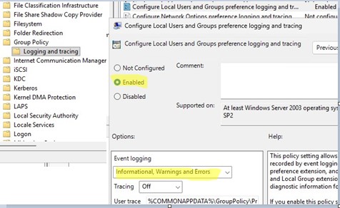 Enable Group Policy preferences logging for local users and groups CSE