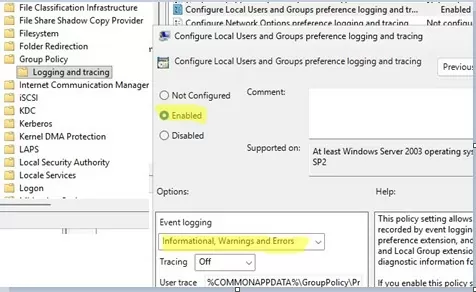Enable Group Policy preferences logging for local users and groups CSE