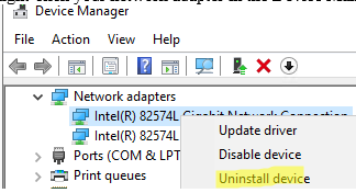 uninstall network adapter in windows