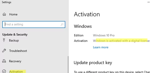 Windows is activated with digital license