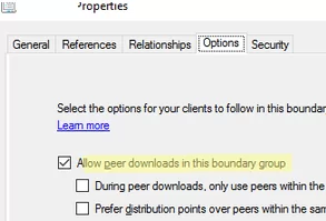enable delivery optimization in configuration manager - Allow peer downloads in this boundary group 