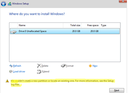 Windows Setup Error: We could not create a new system partition or locate the existing system partition