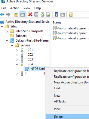 Delete domain controller account in Active Directory Sites and Services snap-in
