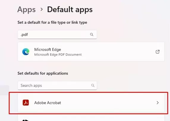 default apps list in settings