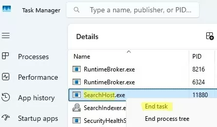 Kill main search process - SearchHost.exe