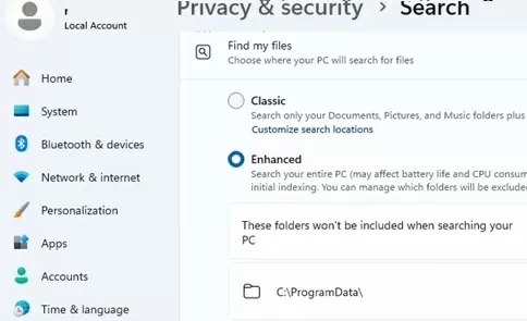 Switch to enhanced search mode in Windows 11