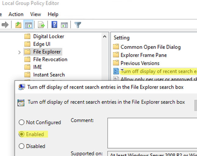 GPO option: Turn off display of recent search entries in the File Explorer search box 