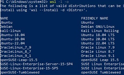 list available wsl linux images