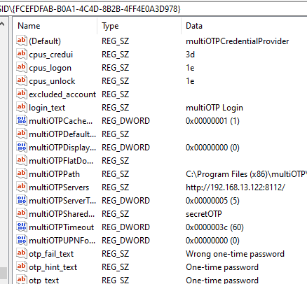 MultiOTP CredentialProvider settings in registry