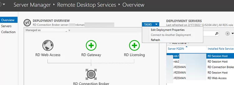 Edit RDS Deployment Properties via Server Manager on Windows Server 2019
