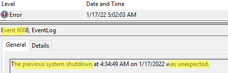 the previous system shutdown was unexpected event id 6008