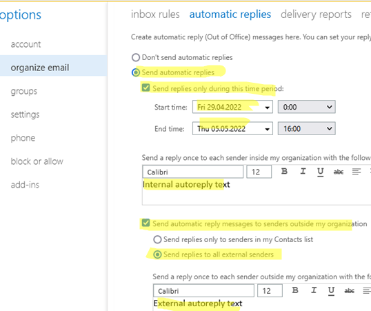 Exchange Server - Set up automatic reply to another user
