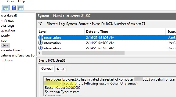 How to find out who restarted Windows using Event Viewer?