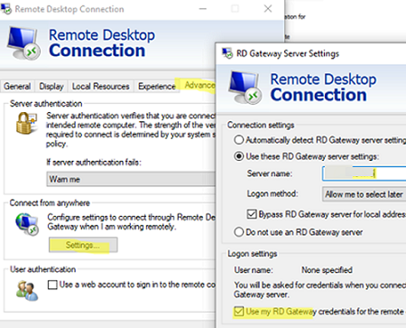 Remote Desktop client - use RD gateway server settings