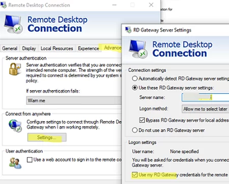 Remote Desktop client - use RD gateway server settings