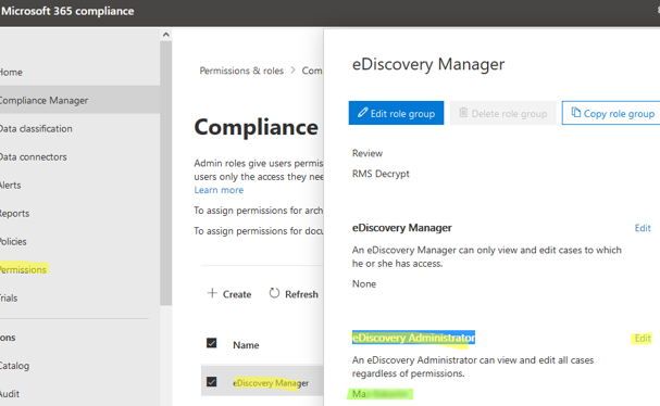 Assing eDiscovery Manager role in Microsoft 365