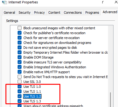 Disable TLS vetsions in Internet Explorer Properties