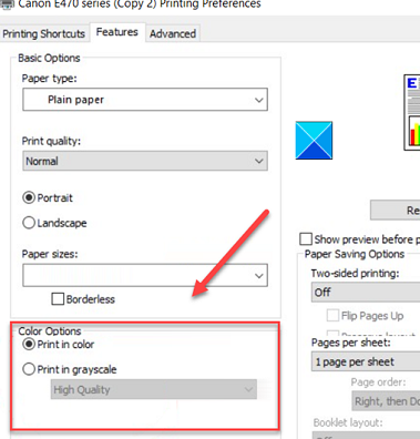 enable print in color option for Canon printer