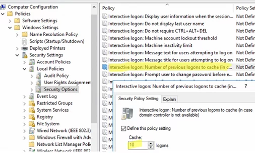 Group Policy option: Interactive logon: Number of previous logons to cache (in case domain controller is not available 