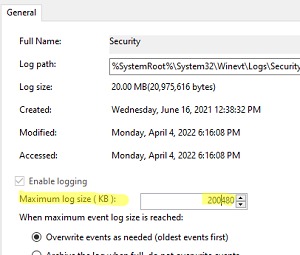 Increase the maximum security log size in Event Viewer