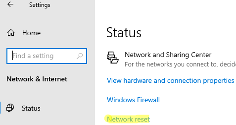 Network reset in WIndows Settings