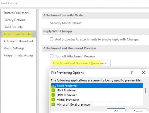 Outlook check attachment previewers settings