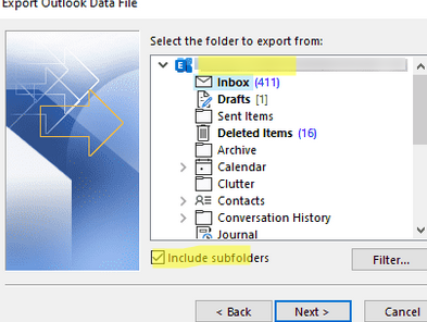 Select mailbox folders to export