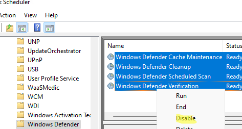 Disable Windows Defender tasks in Task Scheduler