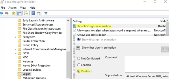 GPO option: Show first sign-in animation - Disabled