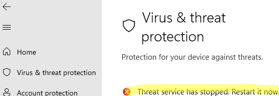 Microsoft Defender - Threat Service has stopped.  restart it now