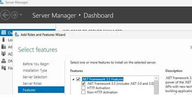 Windows Server Manager: install net framework 3.5 feature