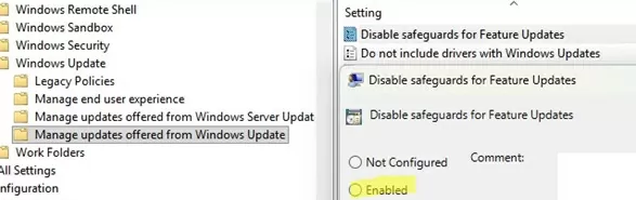 GPO: Disable safeguard for Feature Updates