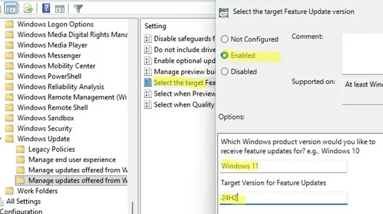 Select the target Feature Update version using GPO