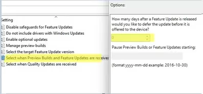 GPO Select when Preview Builds and Feature Updates are received
