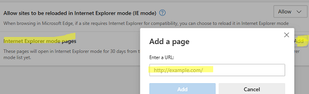 Adding website to IE mode list in Edge