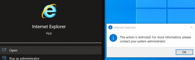 Can't run IE11 on Windows: this action is restricted