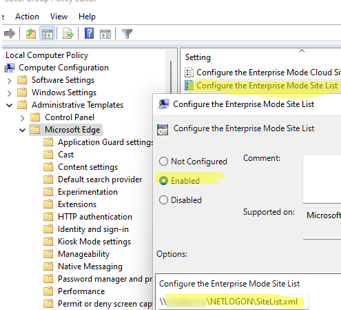 Enable Edge GPO: Configure Enterprise Mode Site List 
