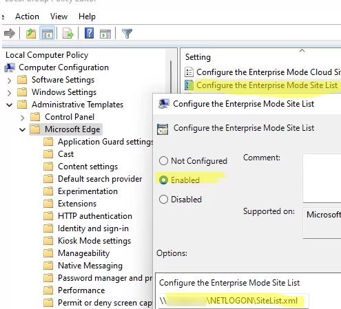 Enable Edge GPO: Configure the Enterprise Mode Site List 