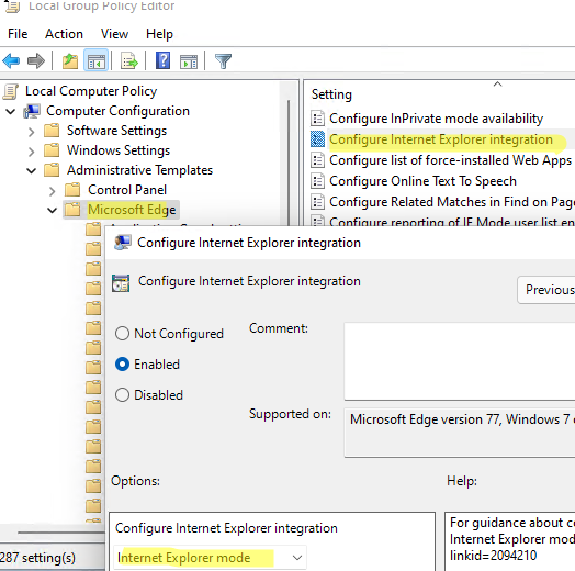 Enable IE Mode in Edge with GPO Options Configure Internet Explorer Integration 
