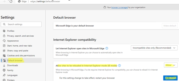 MS Edge: Allow sites to reload in Internet Explorer mode (IE mode)