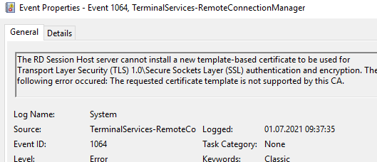 Windows Server event: The requested certificate template is not supported by this CA