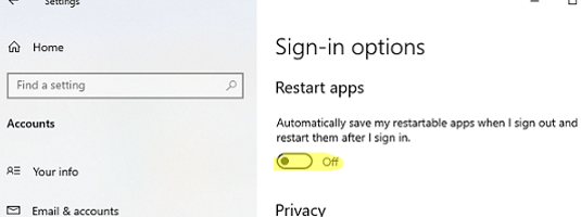 Automatically save my restartable apps when I sign out and restart them when I sign in 
