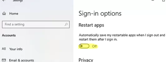 Automatically save my restartable apps when I sign out and restart them when I sign in 