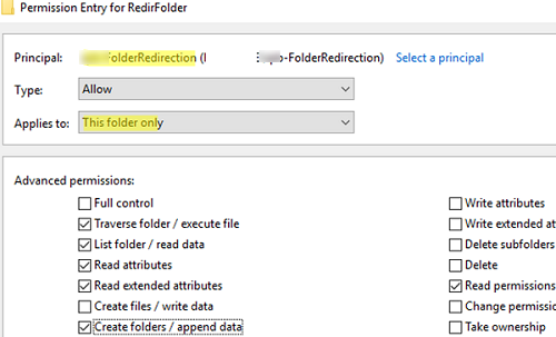 configure redirected folder ntfs permissions